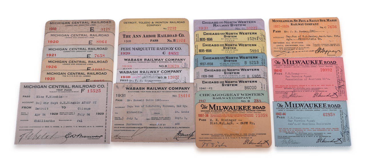 5105 - Twenty-Three Midwest Railroad Annual Passes and Trip Pass - Wabash, Milwaukee Road, Ann Arbor, Chicago & North Western, and More thumbnail