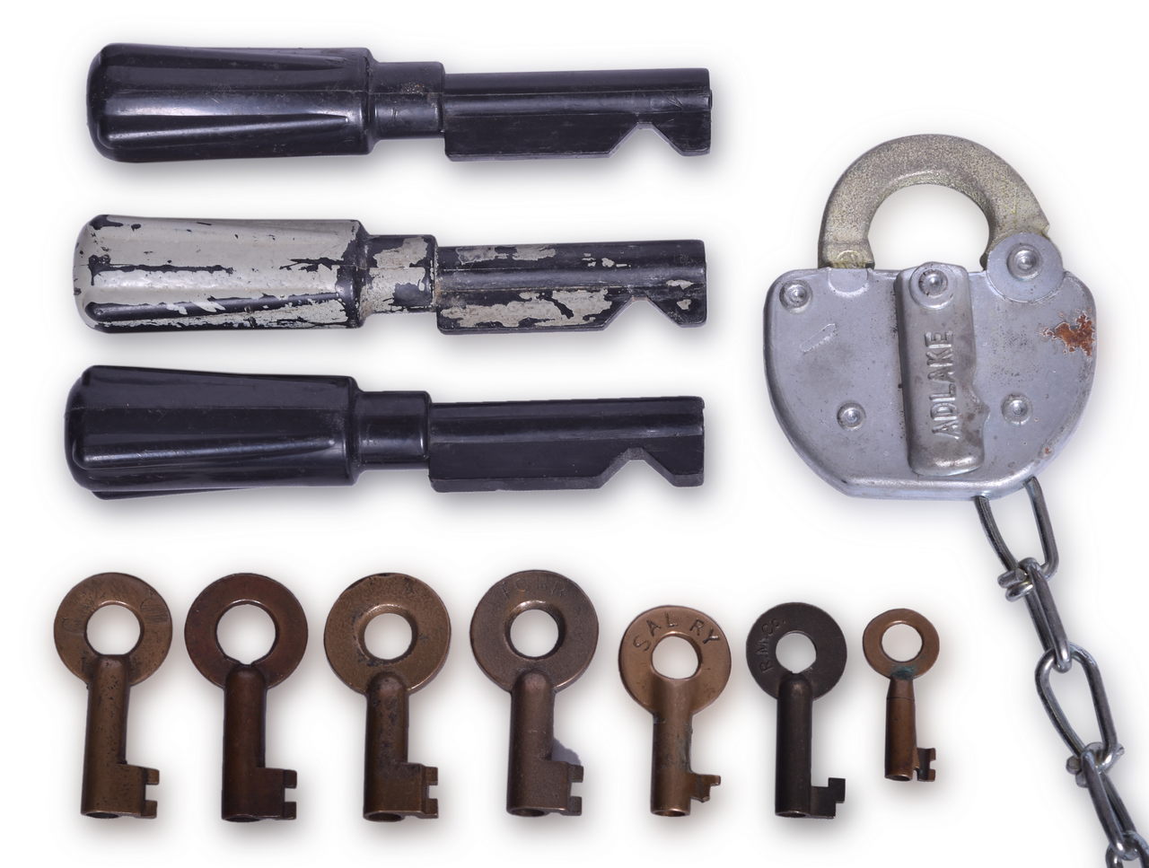 5136 - Railroad Hardware Lot - Reverser Keys, Locks, Brass Keys, etc. thumbnail