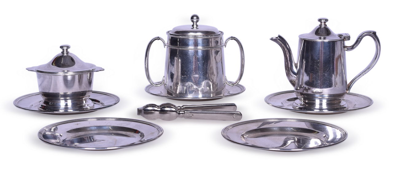 5213 - Nine Pieces of Railroad Dining Car Silver - Teapot, Sugar Bowl, Lobster Shell Cracker, and Plates thumbnail