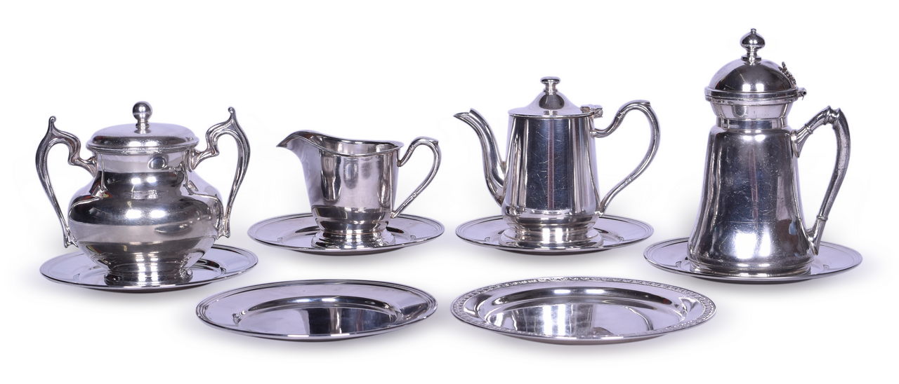 5215 - Ten Pieces of Railroad Dining Car Silver - Coffee Pot, Sugar Bowl, Teapot, Creamer, and Dessert Plates thumbnail
