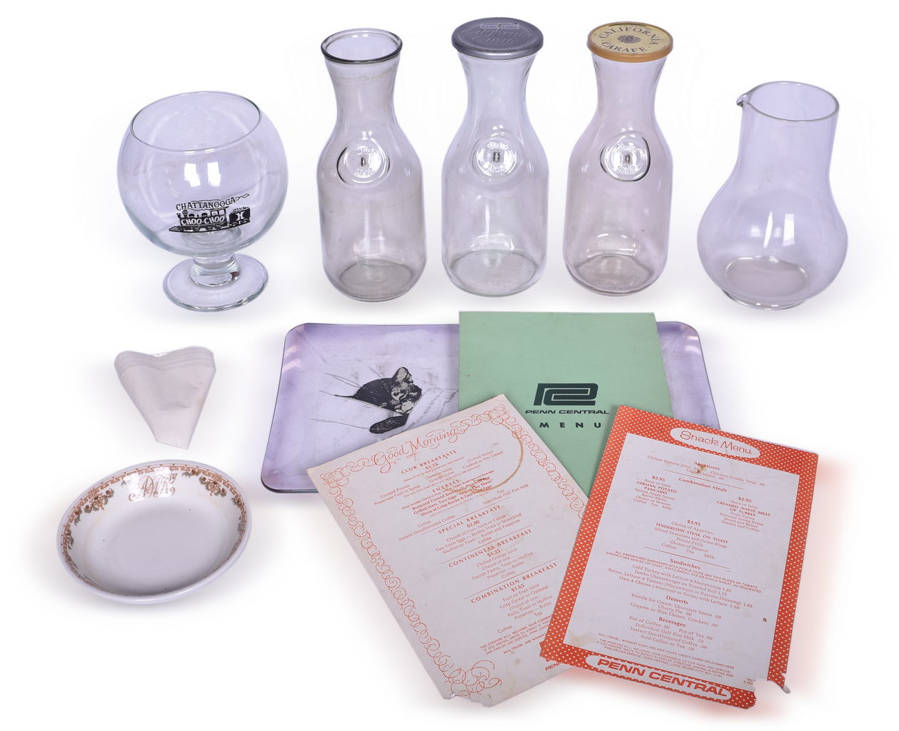 5279 - Mixed Group of Railroad Items - Chessie Glass Tray, Penn Central Dining Car Menus, Norfolk & Western Cavalier China Fruit Bowl, and More thumbnail