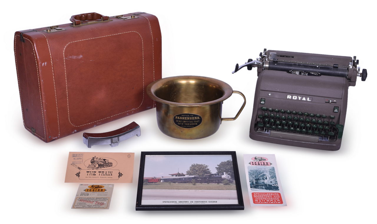 5317 - Mixed Group of Railroad Items - Chrome Cast Iron Brake Shoe, Central Pacific Railroad Brass Toilet, Royal Typewriter, and More thumbnail