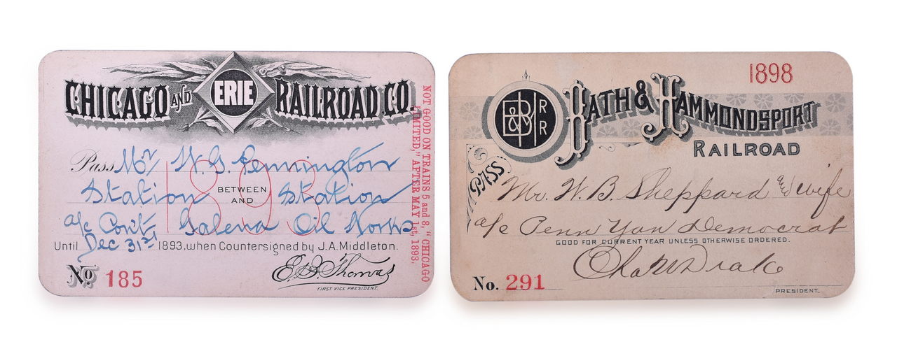 5403 - Pair of Railroad Annual Passes - 1898 Bath & Hammondsport and 1893 Chicago & Erie Railroad thumbnail