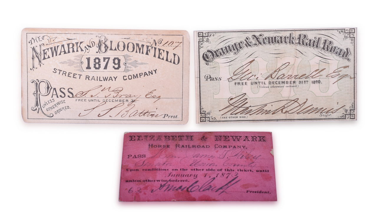 5407 - Three New Jersey Railroad Annual Passes - 1870 Orange & Newark, 1873 Elizabeth & Newark, and 1879 Newark & Bloomfield thumbnail