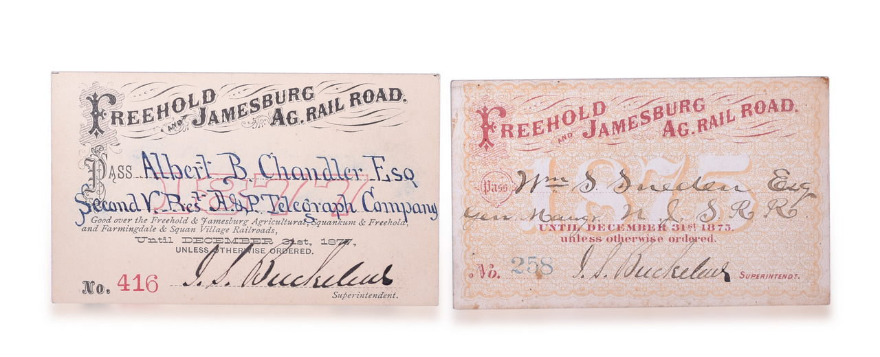 5409 - 1875 and 1877 Freehold & Jamesburg Agricultural Railroad Annual Passes thumbnail