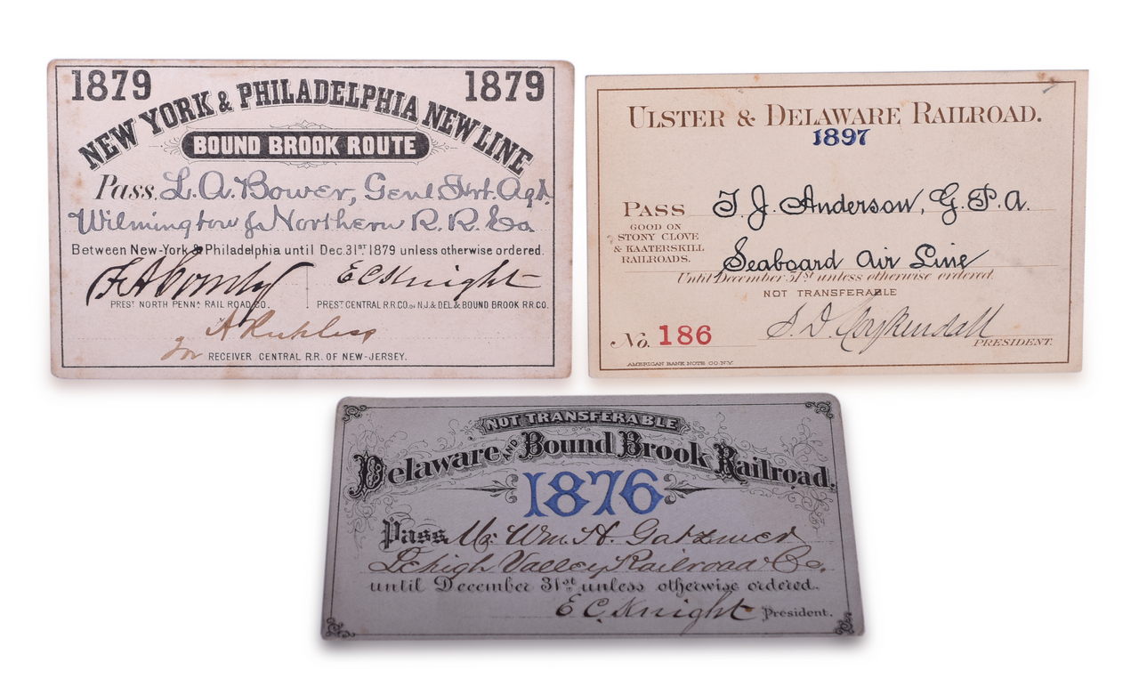5427 - Three Northeast Railroad Annual Passes - 1876 Delaware & Bound Brook, 1879 New York & Philadelphia New Line, and 1897 Ulster & Delaware thumbnail