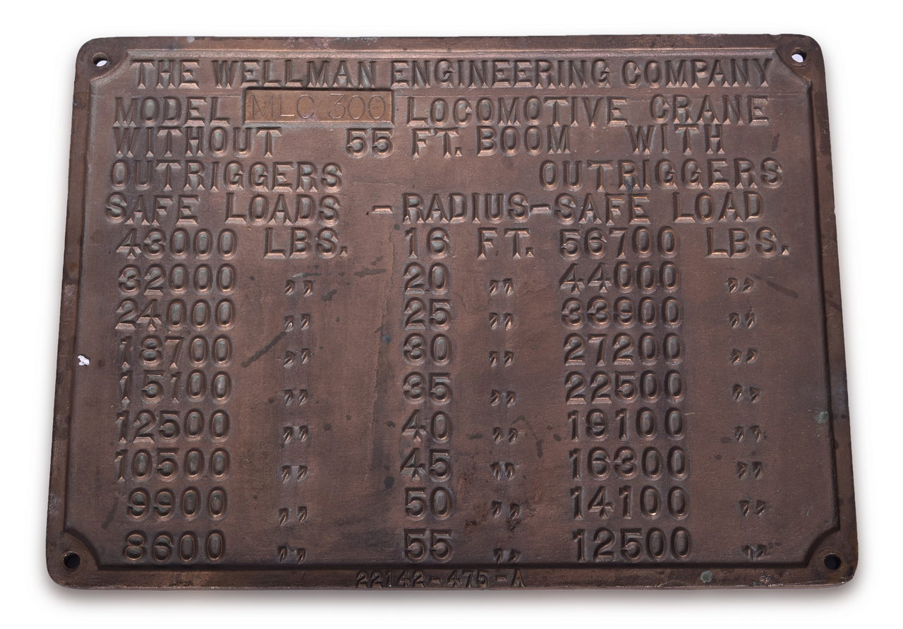 5434 - Wellman Engineering MLC300 Railroad Crane Cast Brass Specification / Builders Plate thumbnail