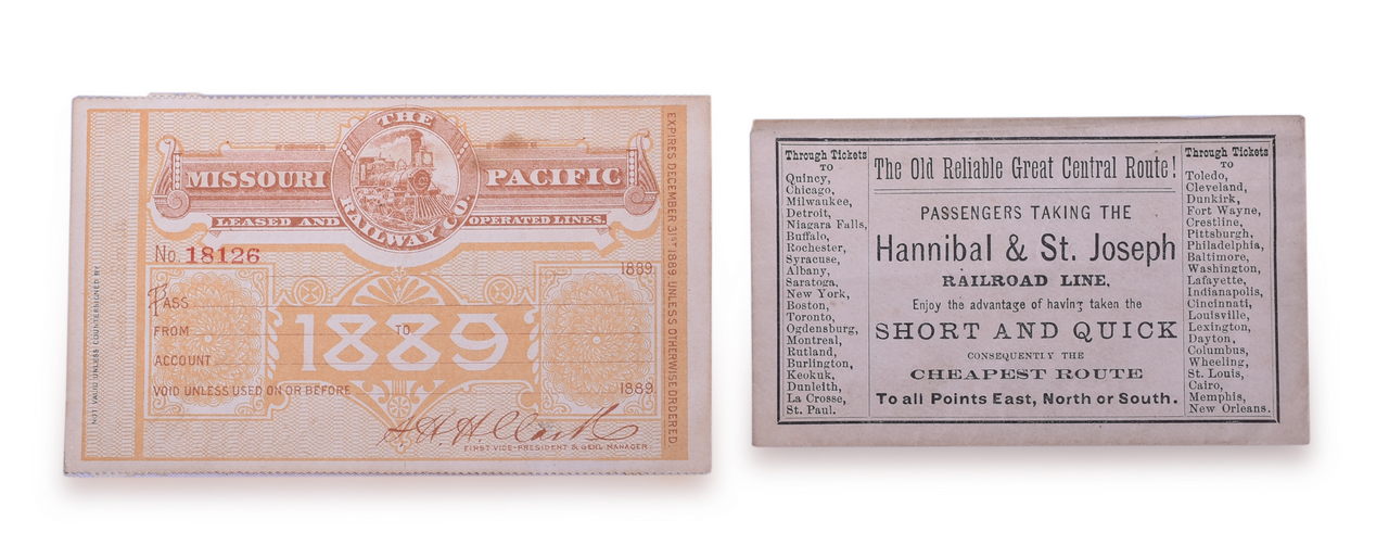 5445 - Unused 1889 Missouri Pacific Railway Free Ticket Pass and Hannibal & St. Joseph Railroad Line Ticket Envelope thumbnail