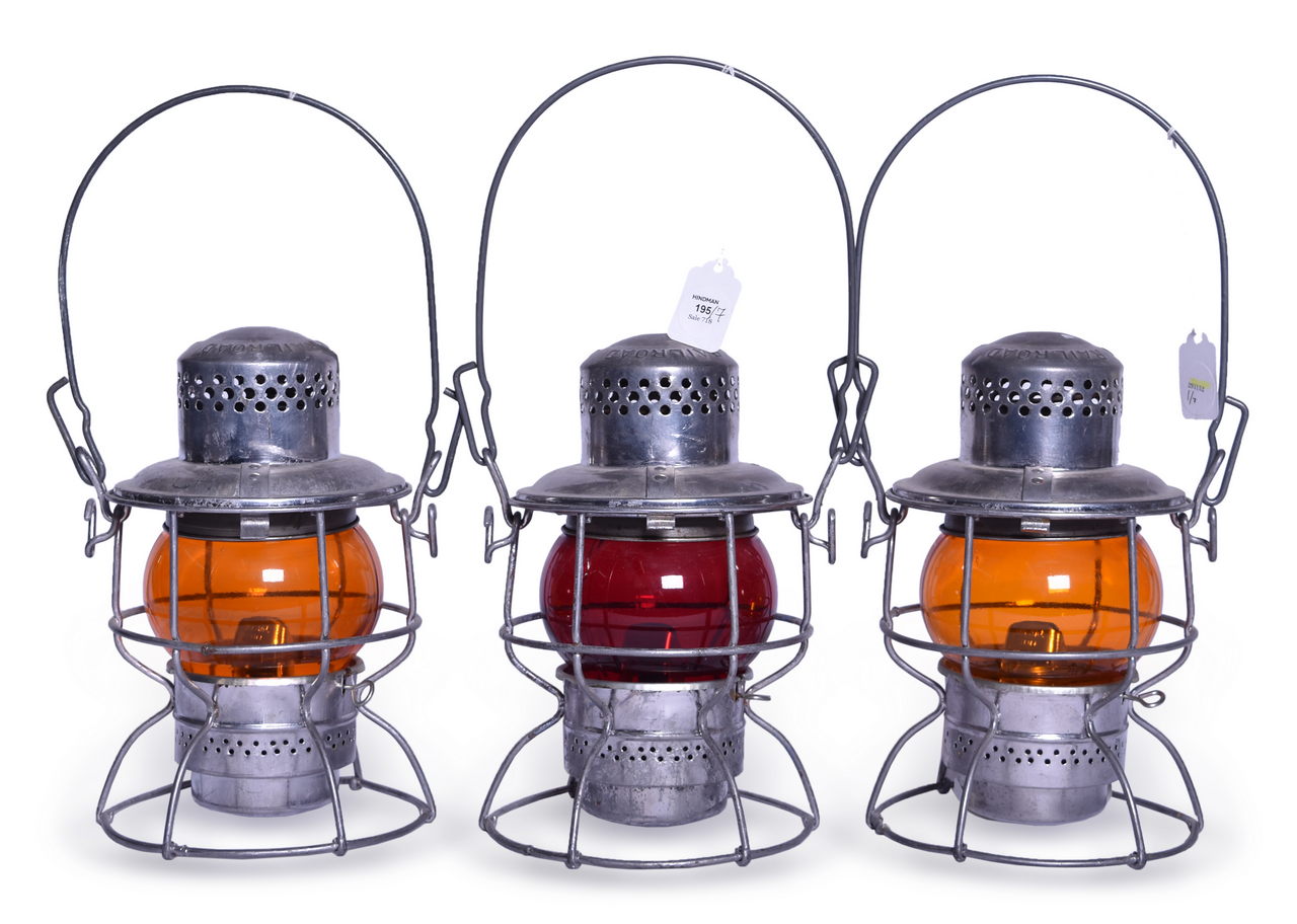5518 - Group of Three Adlake Kero Railroad Lanterns - Two Amber, One Red Globe thumbnail