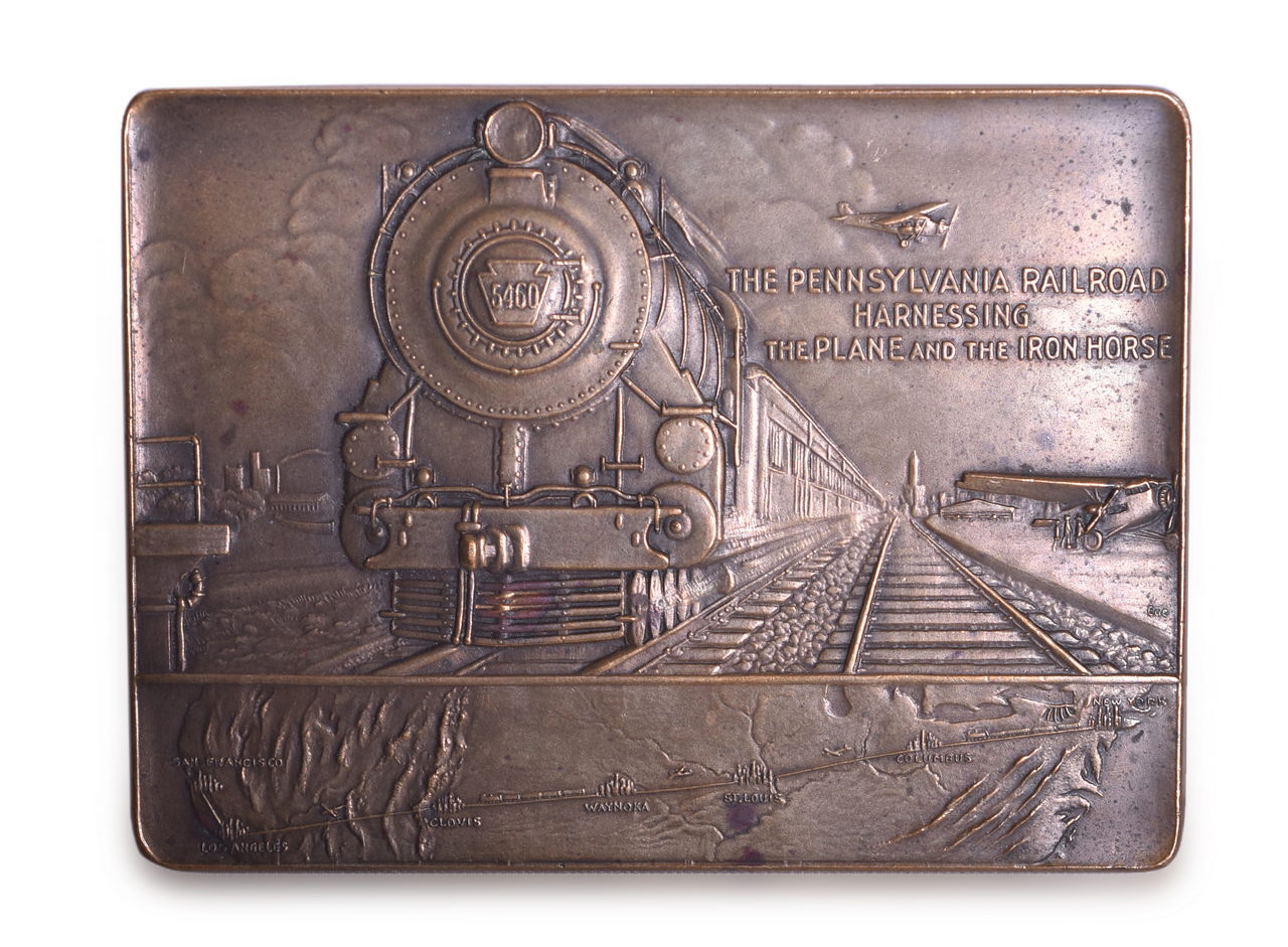 5525 - Pennsylvania Railroad Commemorative Brass Medal Paperweight - Inauguration of Rail-Air Passenger Service thumbnail