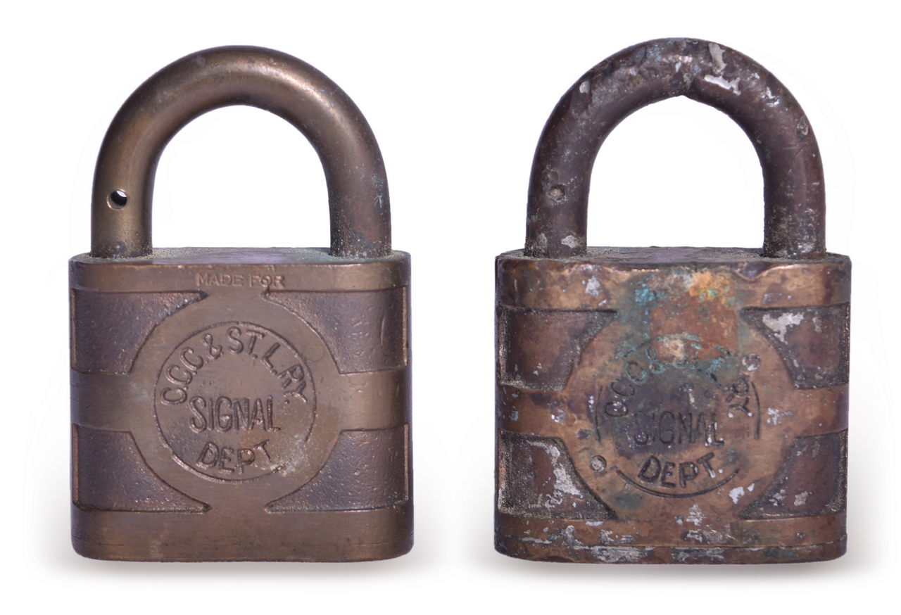 5554 - Pair of Yale Cleveland, Cincinnati, Chicago and St. Louis Railway Signal Dept. Brass Locks thumbnail