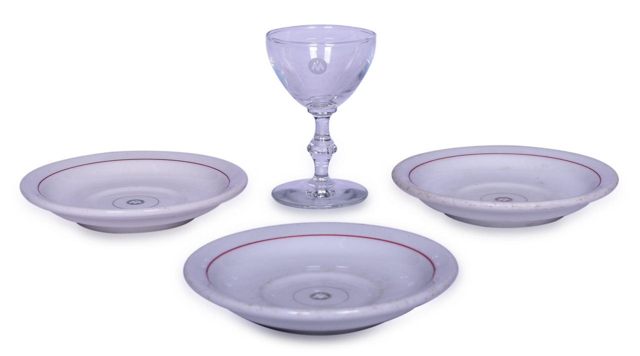 5569 - Four Pieces of Chicago, Indianapolis & Louisville Railroad Monon China Saucers and Stemmed Wine Drinking Glass thumbnail