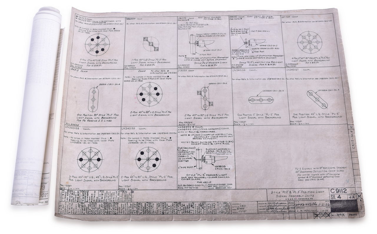 5646 - Two Original Union Switch & Signal PL-2 and PL-3 Position Light Signal Drawings/Blueprints thumbnail