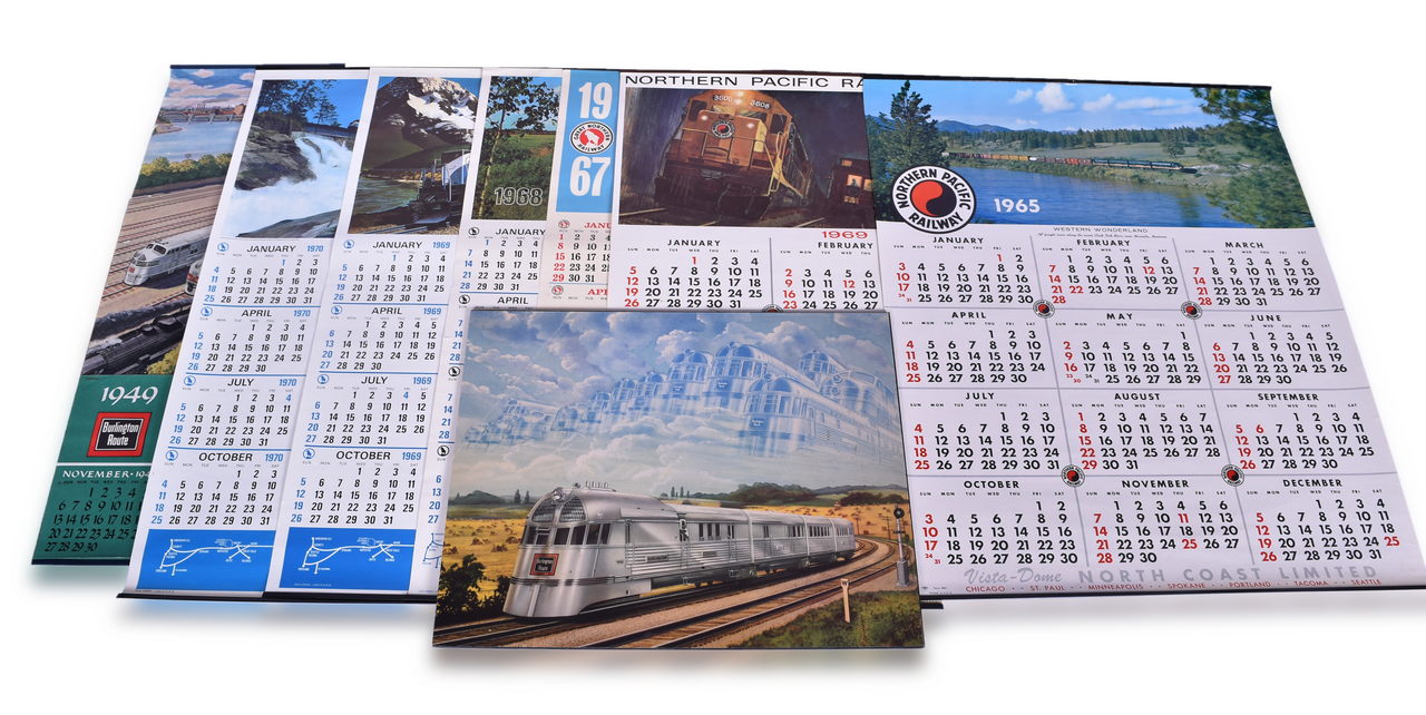 5669 - Eight Large Railroad Advertisement Wall Calendars and Print - Burlington Route, Great Northern, and Northern Pacific thumbnail