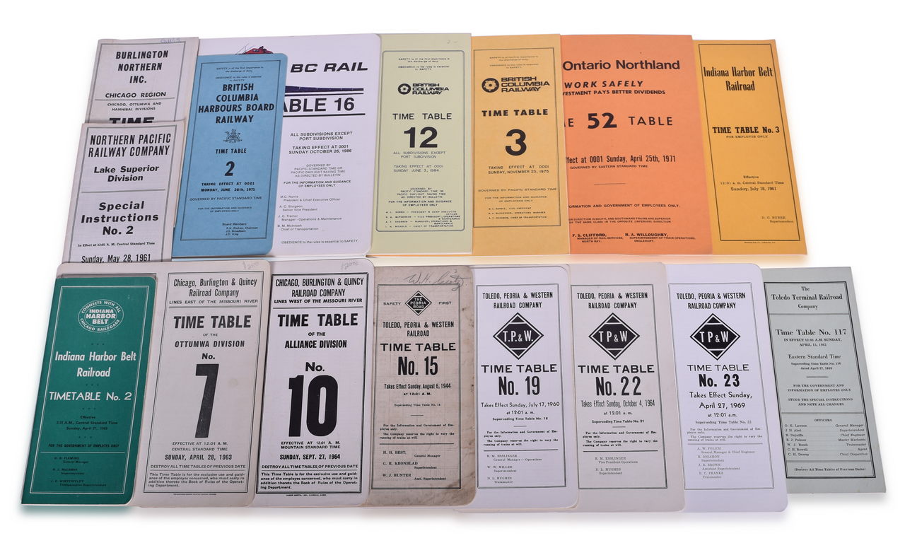 5327 - Nineteen Northern Railroad Employee Timetables - Toledo, Peoria & Western, Burlington Route, BC Rail, Indiana Harbor Belt, and More thumbnail