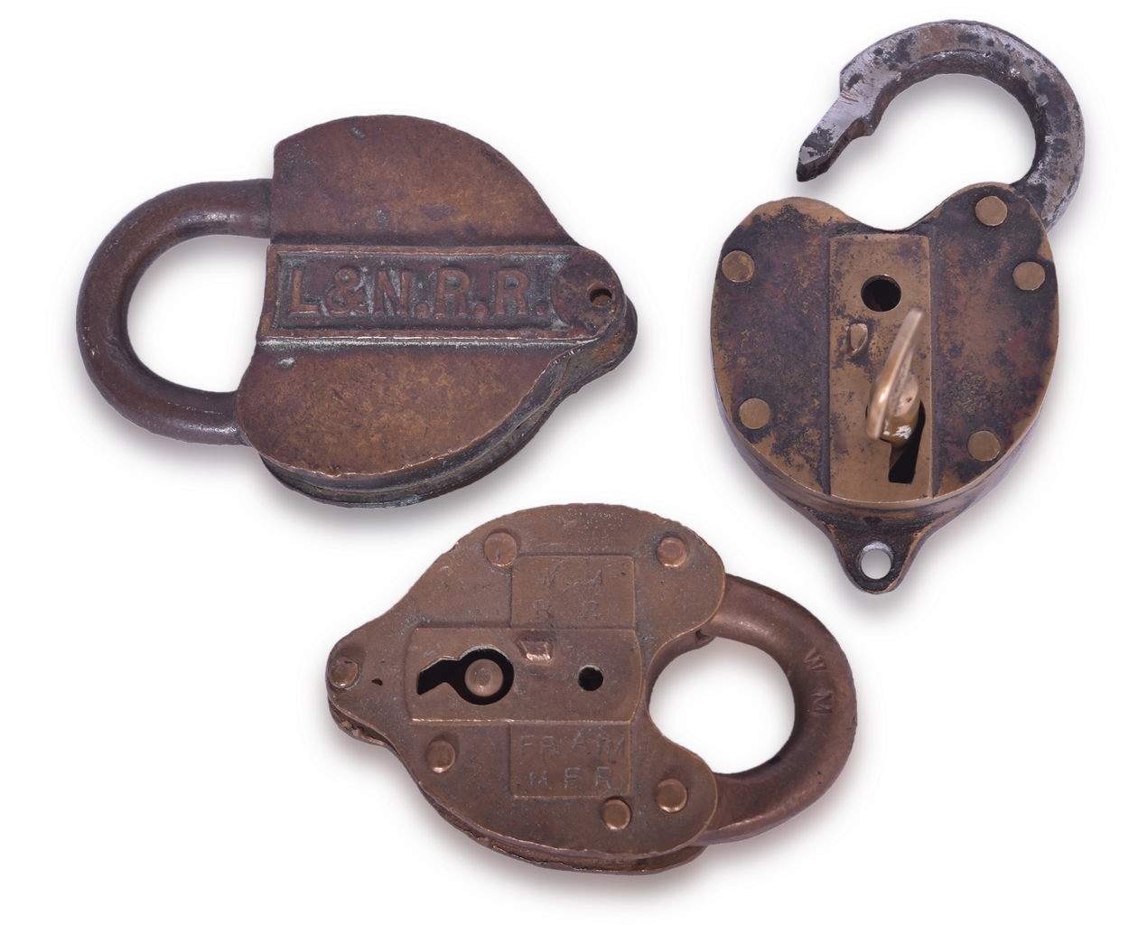 5336 - Three Brass Heart-Shaped Locks - Northern Pacific Railroad, Louisville and Nashville, Etc. thumbnail