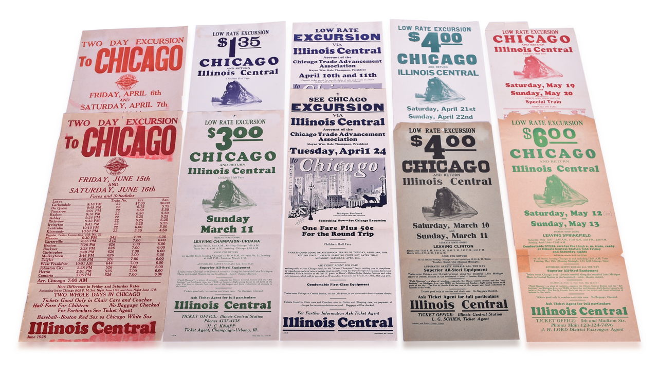 5337 - Ten Illinois Central Railroad 1920s Excursion Broadsheets - Low Rate and Two Day Excursions to Chicago thumbnail