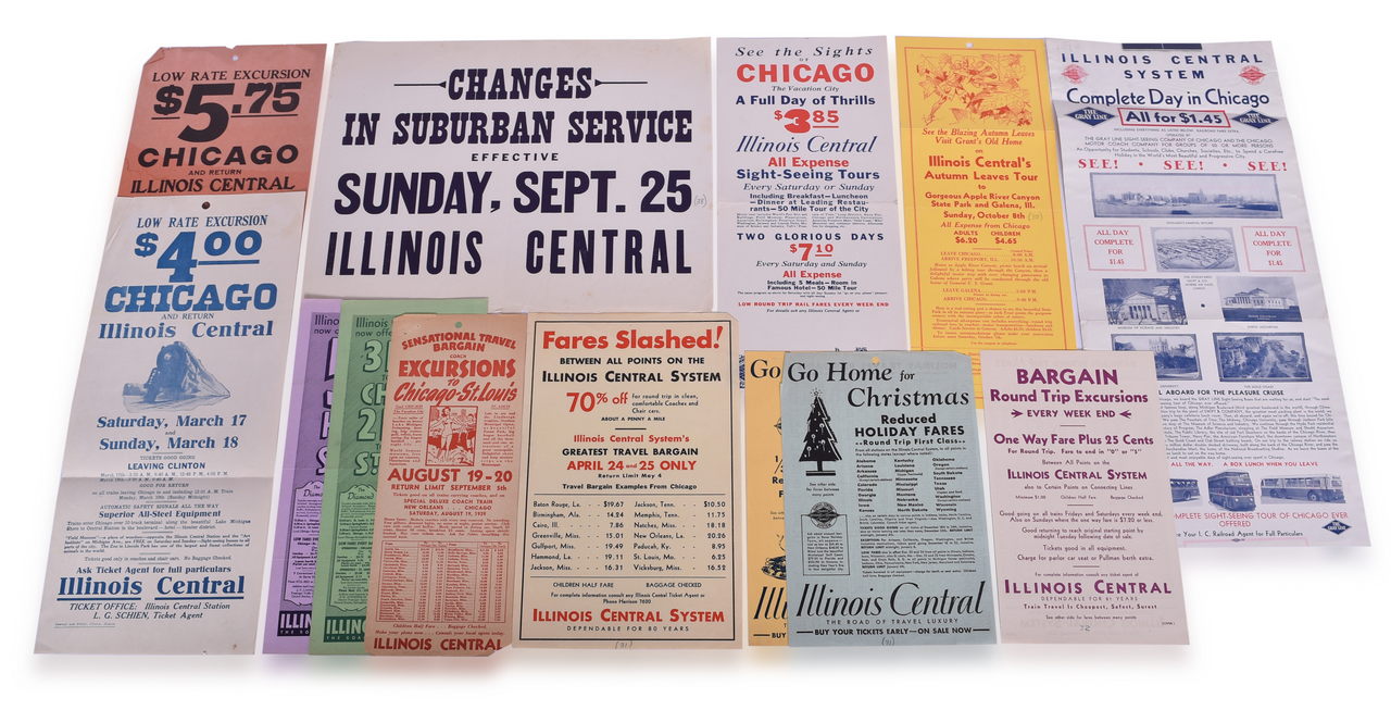 5343 - Thirteen 1930s Illinois Central Railroad Broadsheets, Excursion Flyers, and Notice thumbnail