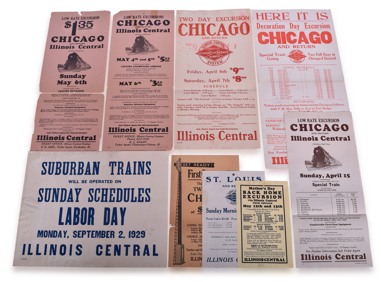 5345 - Nine 1920s Illinois Central Railroad Broadsheets, Excursion Flyers, and Notice thumbnail
