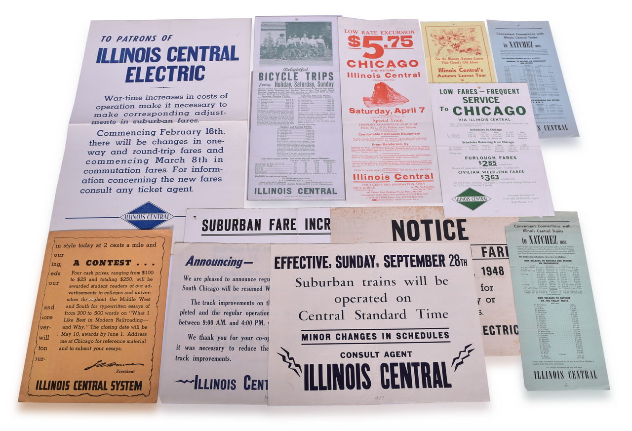 5347 - Twelve 1940s Illinois Central Railroad Broadsheets, Excursion Flyers, and Notices thumbnail