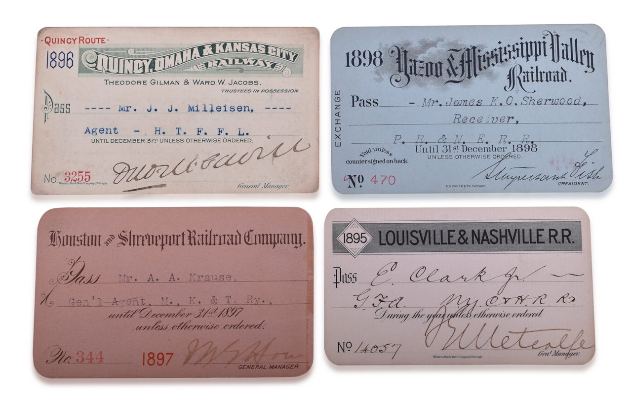 5357 - Four 1890s Railroad Annual Passes - Louisville & Nashville, Quincy Route, Houston & Shreveport, and Yazoo & Mississippi Valley thumbnail