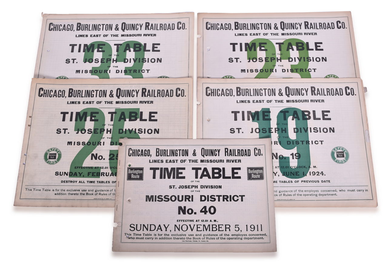 5363 - Five Chicago Burlington and Quincy Railroad Employee Large Format Timetables - 1911, 1924, 1926, 1927, and 1930 thumbnail