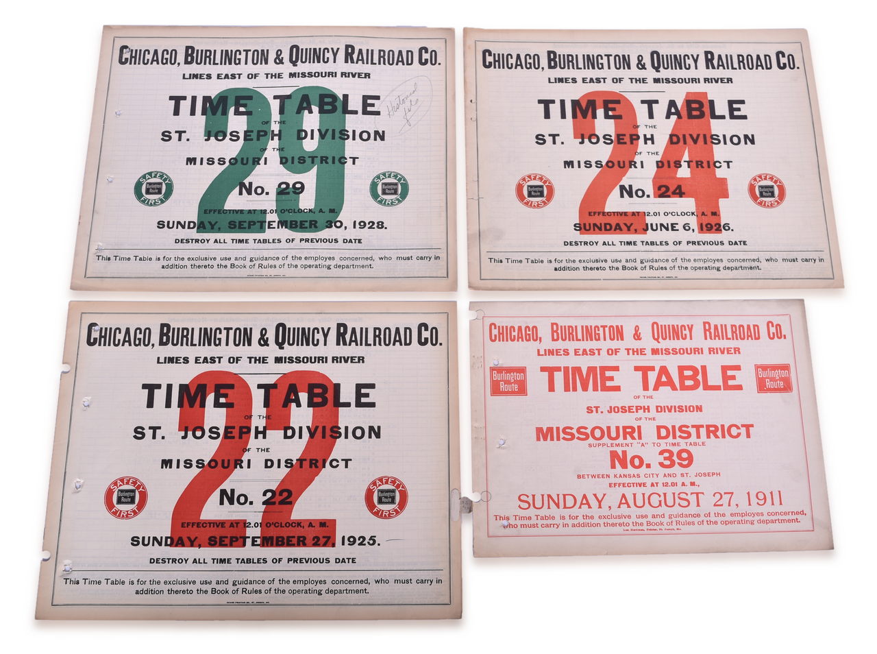 5371 - Four Chicago Burlington and Quincy Railroad Employee Large Format Timetables - 1911, 1925, 1926, and 1928 thumbnail