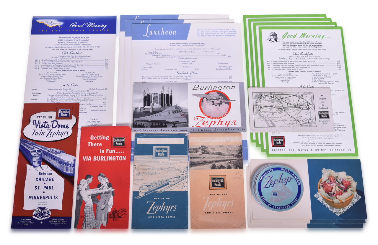 5373 - Burlington Route Railroad Zephyr Luggage Stickers, Menus, Ticket Envelopes, 1949 Timetable, and Advertisement thumbnail