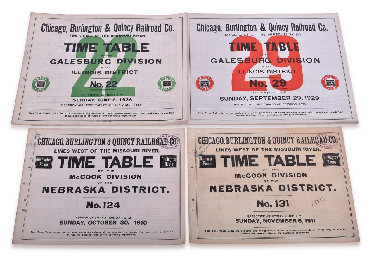 5379 - Four Chicago Burlington and Quincy Railroad Employee Large Format Timetables - 1910, 1911, 1926, and 1929 thumbnail