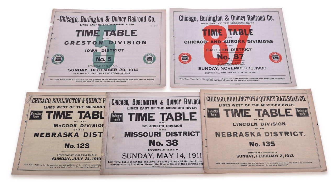 5387 - Five Chicago Burlington and Quincy Railroad Employee Large Format Timetables - 1910, 1911, 1913, 1914, and 1936 thumbnail