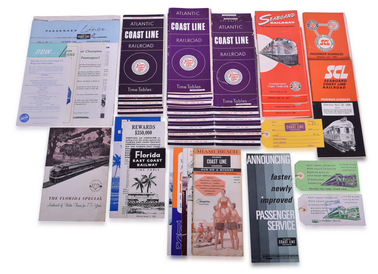 5391 - Forty-Four Pieces of Atlantic Coast Line, Seaboard, and Florida East Coast Paper Ephemera - Public Timetables, Travel Brochures, Luggage Tags, Menu, Etc. thumbnail