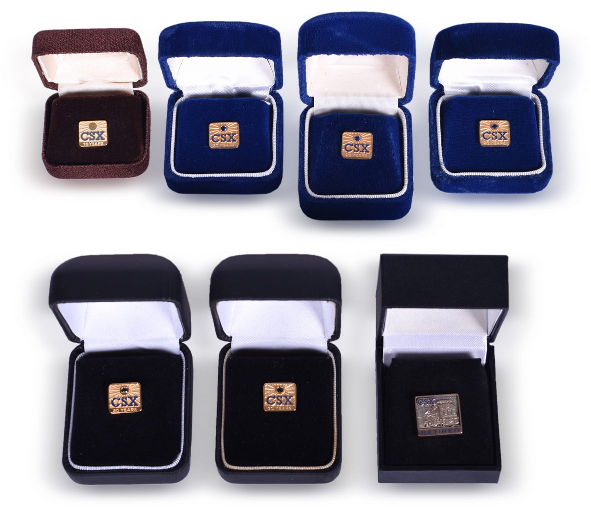 5674 - Seven CSX Railroad Employee Service Tie Tack Pins - 10, 20, 30 Years, and Retired thumbnail