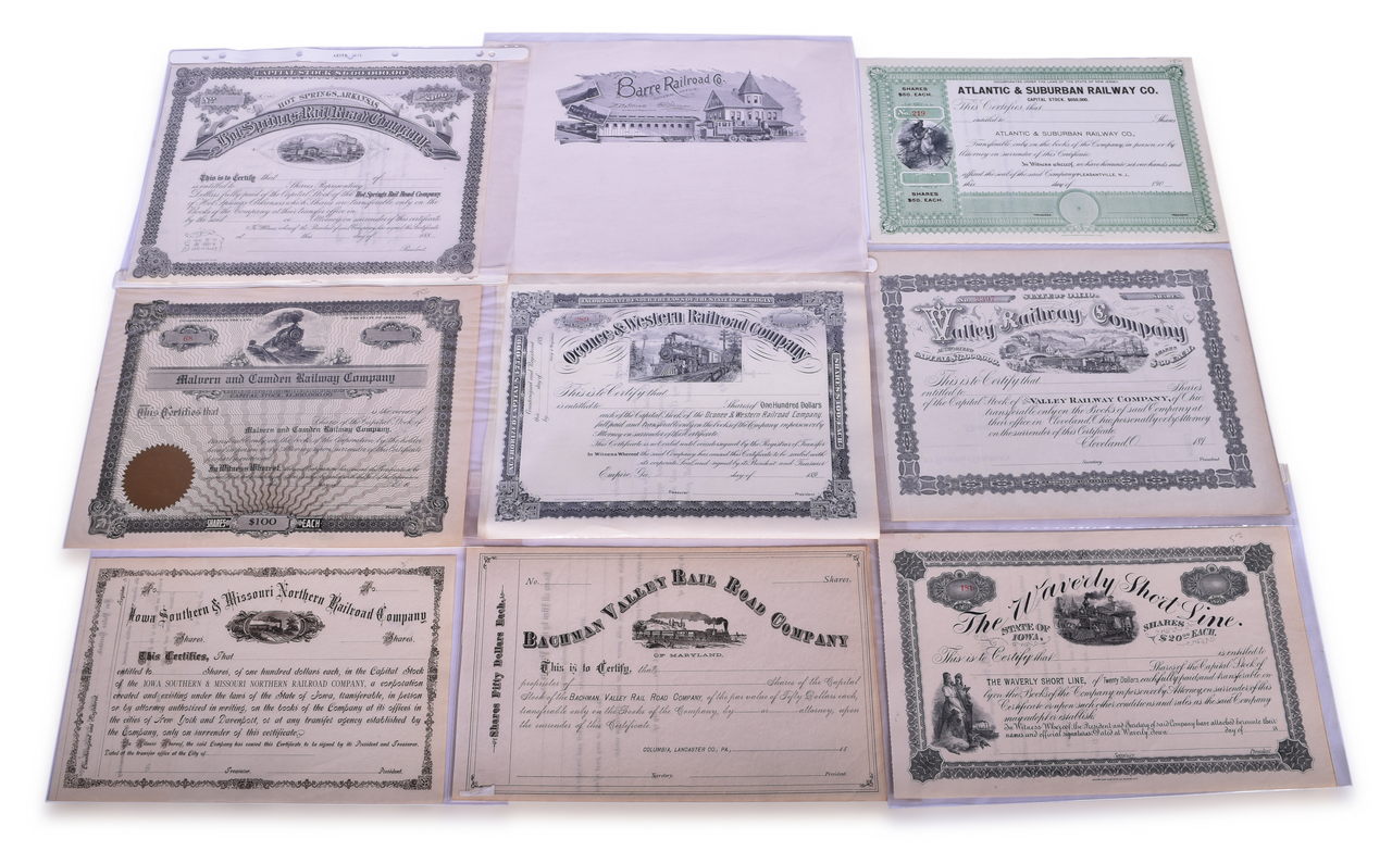 5677 - Nine Midwest and Eastern Railroad Unused Undated Stock Certificates - Waverly Short Line, Valley Railway, and More thumbnail