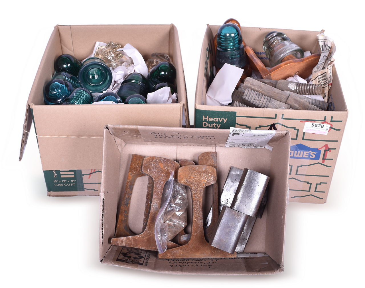 5678 - Group of Railroad Insulators, Cross Sections, Date Ties, Spike, and Wooden Pegs - Hemingray 2, 9, 19, 21, 42, 43, 60, 62, 512, and 660 thumbnail