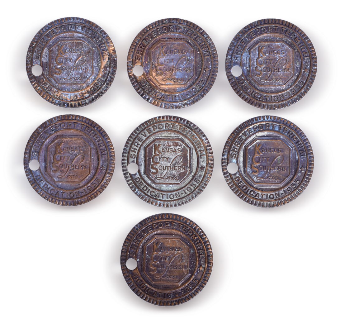 5689 - Seven Kansas City Southern Lines Railroad Brass Check Tags - Shreveport Terminal Dedication 1955 thumbnail