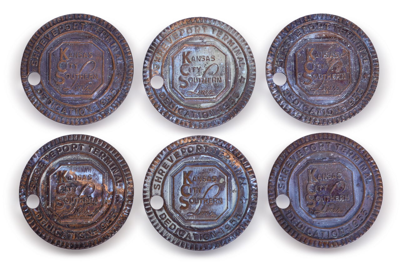 5693 - Six Kansas City Southern Lines Railroad Brass Check Tags - Shreveport Terminal Dedication 1955 thumbnail