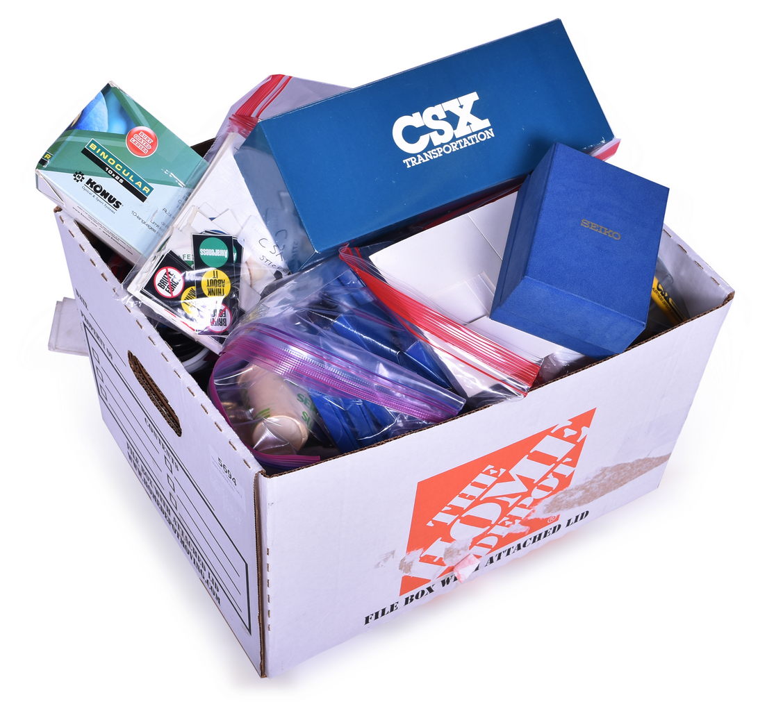 5694 - Large Group of CSX Railroad Promotional Items - Seiko Watch, Tie Pins, Desk Ornament, Mugs, Pocket Knives, and More thumbnail