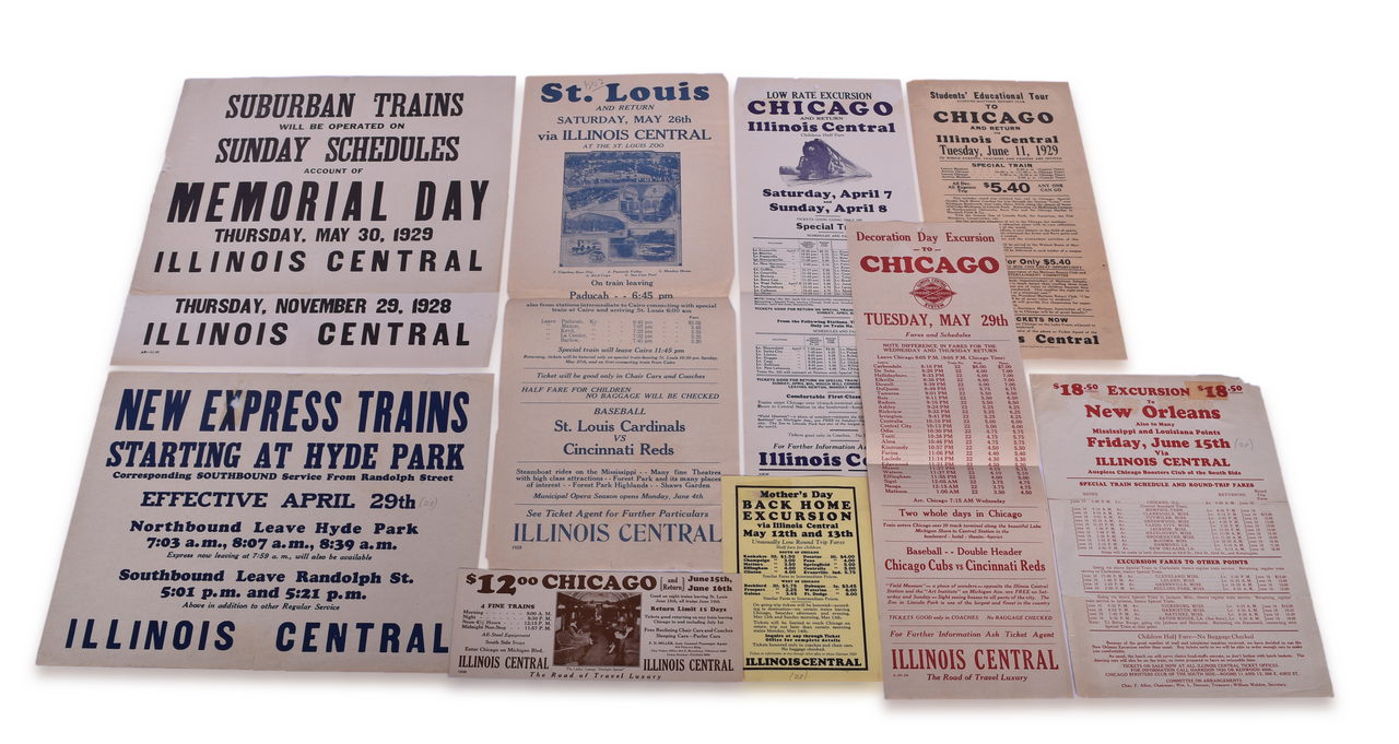 5701 - Ten 1920s Illinois Central Railroad Broadsheets, Excursion Flyers, and Notices thumbnail