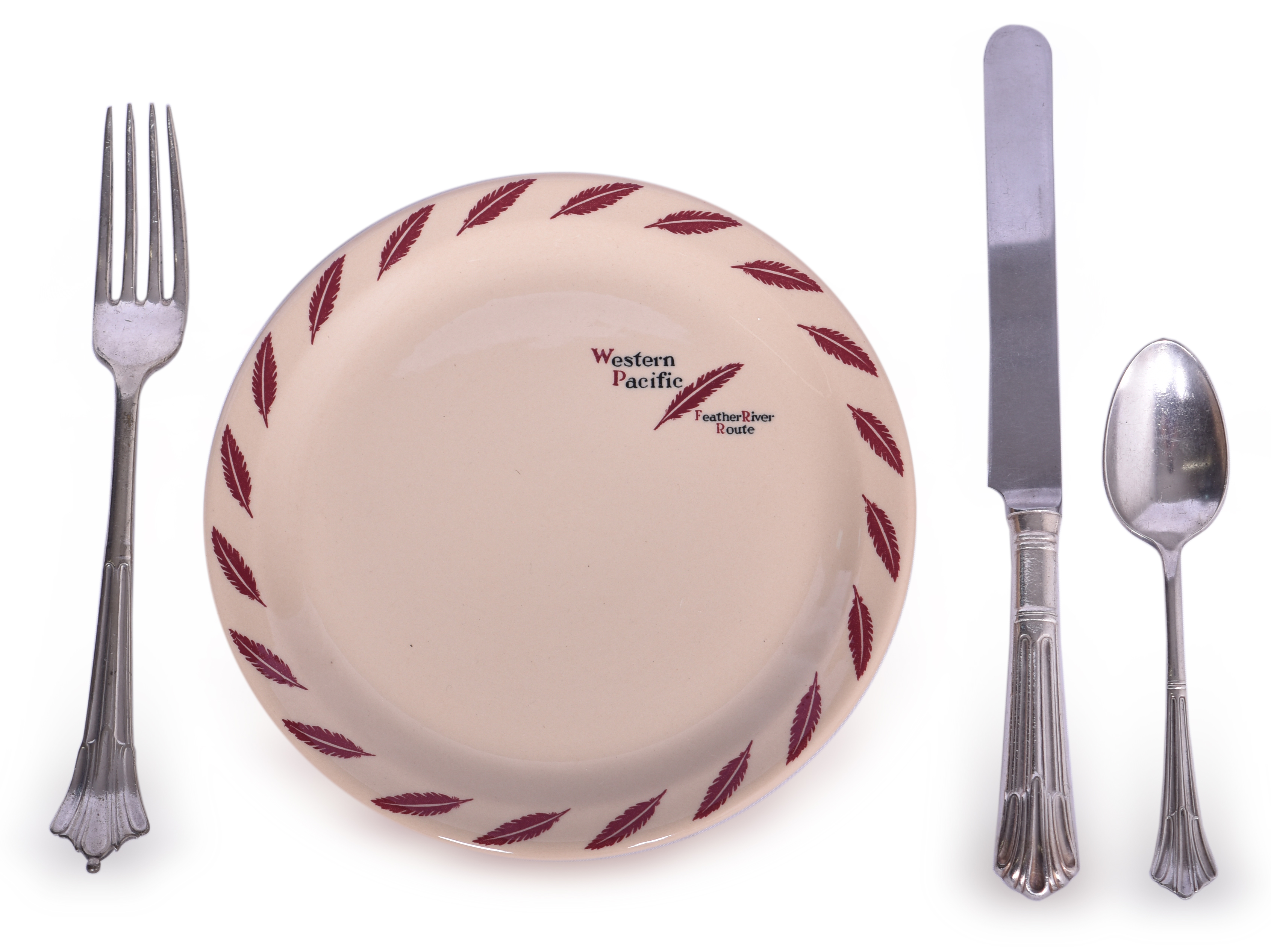 5708 - Western Pacific Railroad China Feather River Route Bread Plate and Santa Fe Albany Silver Flatware thumbnail