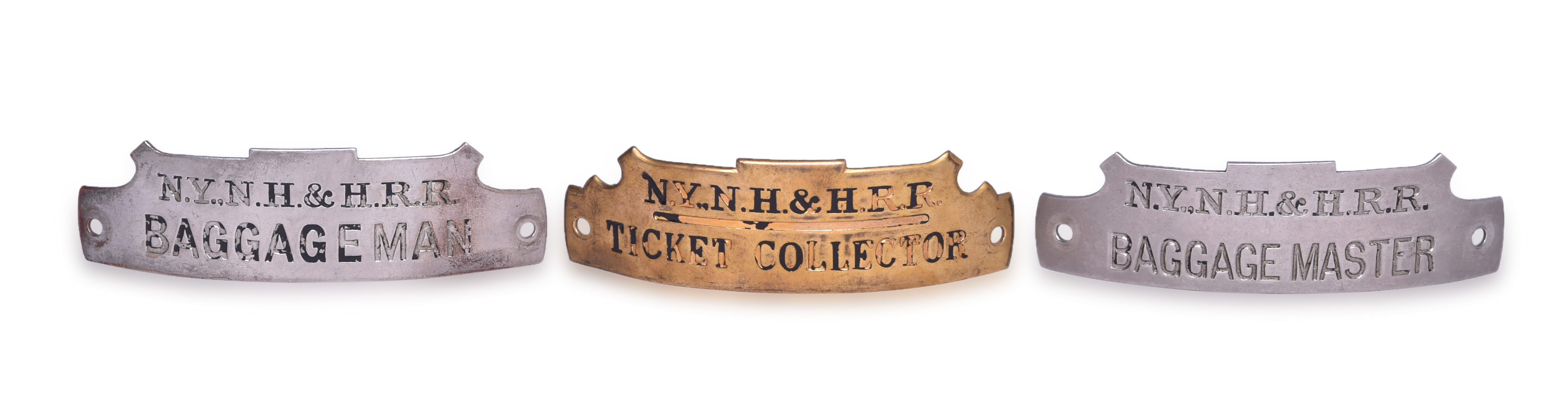 5711 - Three New York, New Haven & Hartford Railroad Cap Badges - Ticket Collector, Baggage Master, and Baggageman thumbnail