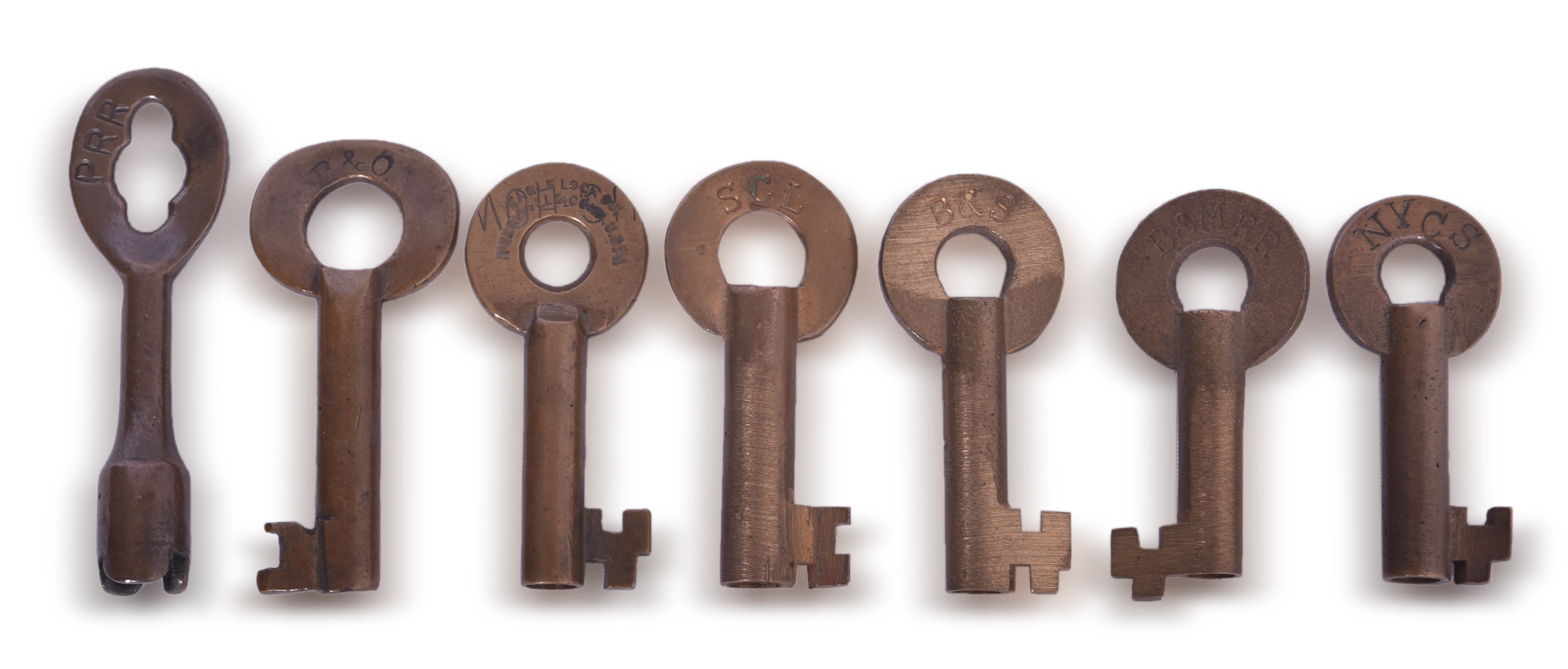 5714 - Seven Eastern Railroad Brass Keys - Baltimore and Ohio, New York Central System, Pennsylvania, and More thumbnail