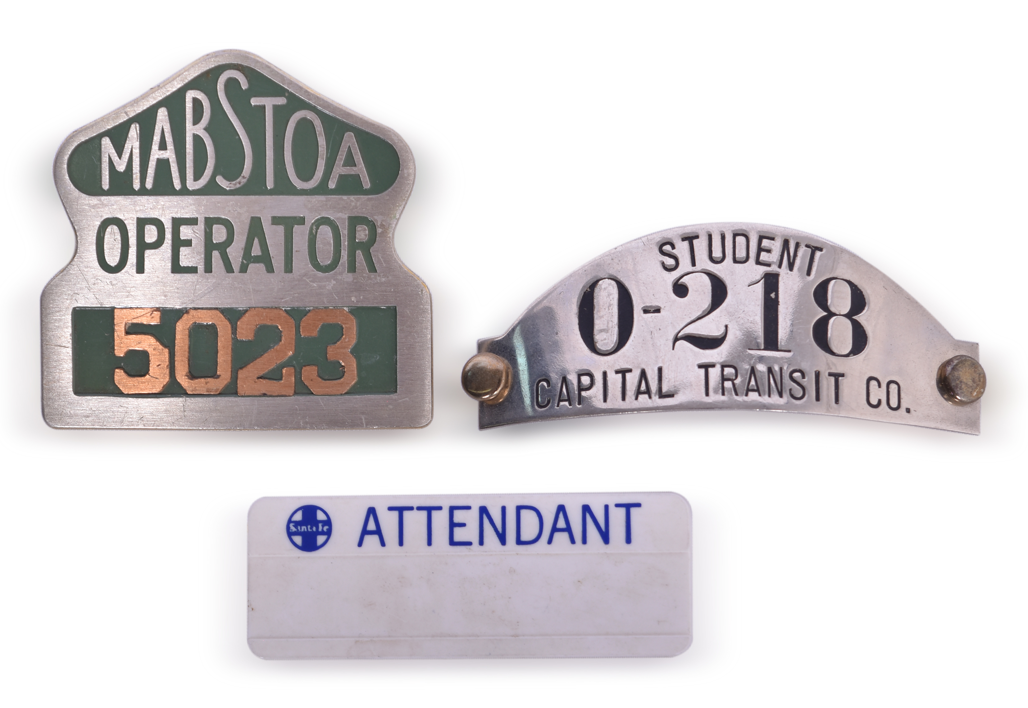 5717 - Three Operator/Attendant Badges - MaBSTOA, Capital Transit Co., and Santa Fe Railroad thumbnail