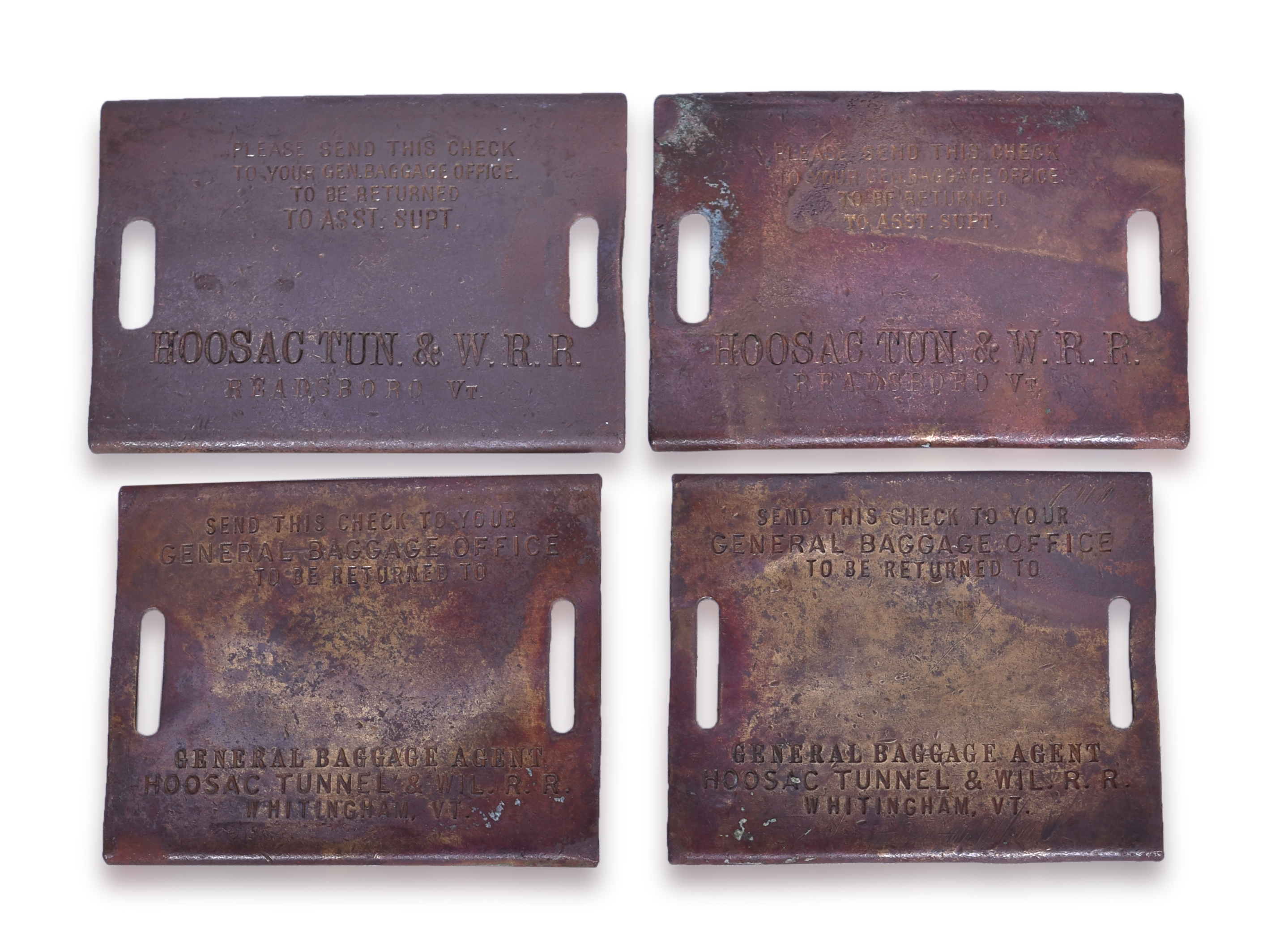 5720 - Set of Four Brass Hoosac Tunnel & Wilmington Railroad Baggage Tags thumbnail