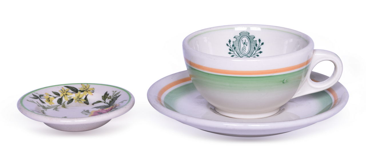 6351 - Union News Company Railroad China Teacup & Saucer Set and Atlantic Coast Line Butter Pat thumbnail