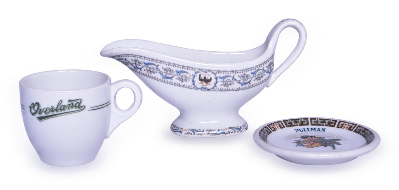 6353 - Three Pieces of Railroad Dining China - Overland Demitasse Cup, Pullman Butter Pat, and New York Central Sauce Boat thumbnail