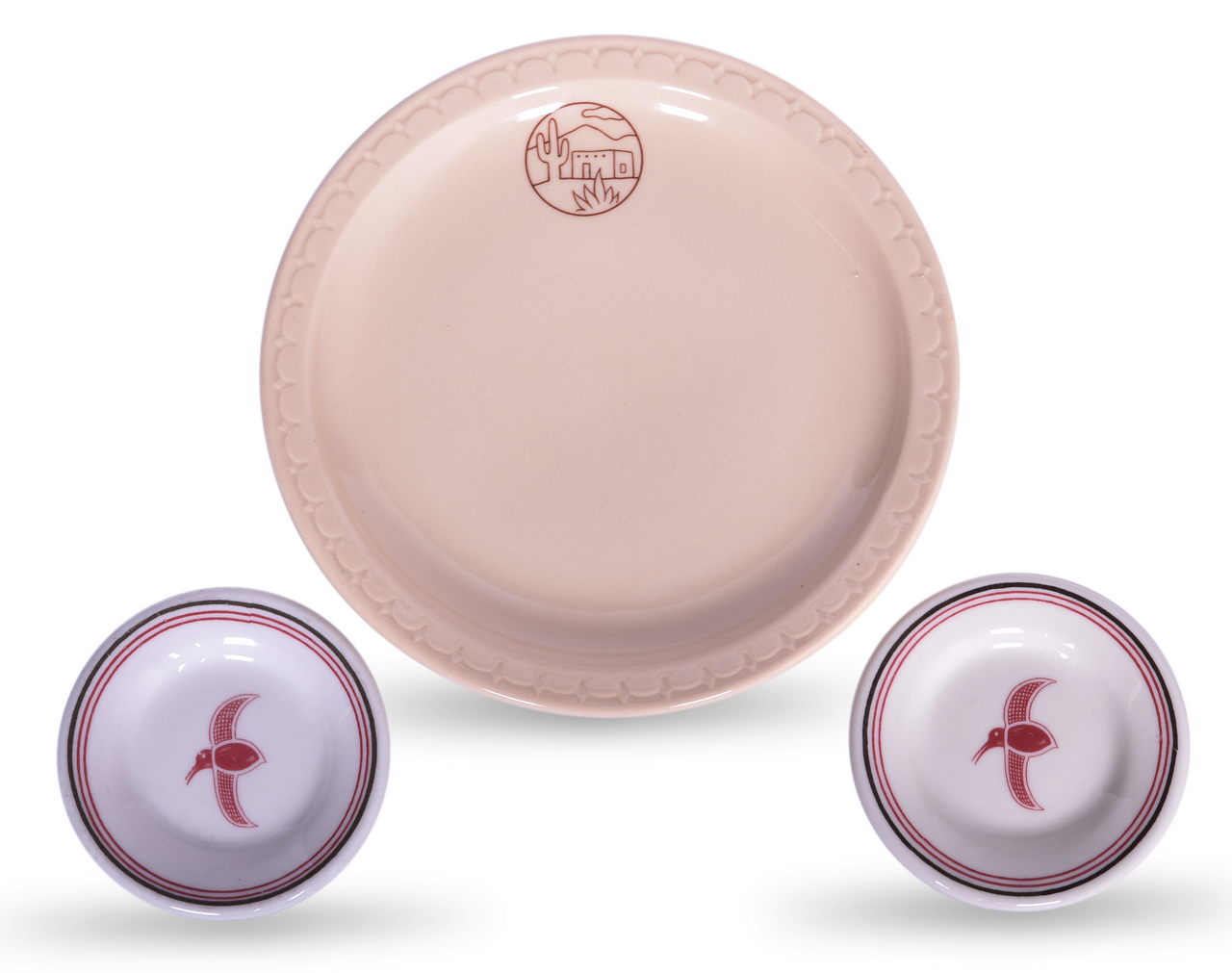 6357 - Three Pieces of Atchison, Topeka and Santa Fe Railroad China - Mimbreno Butter Pats and Adobe Bread Plate thumbnail