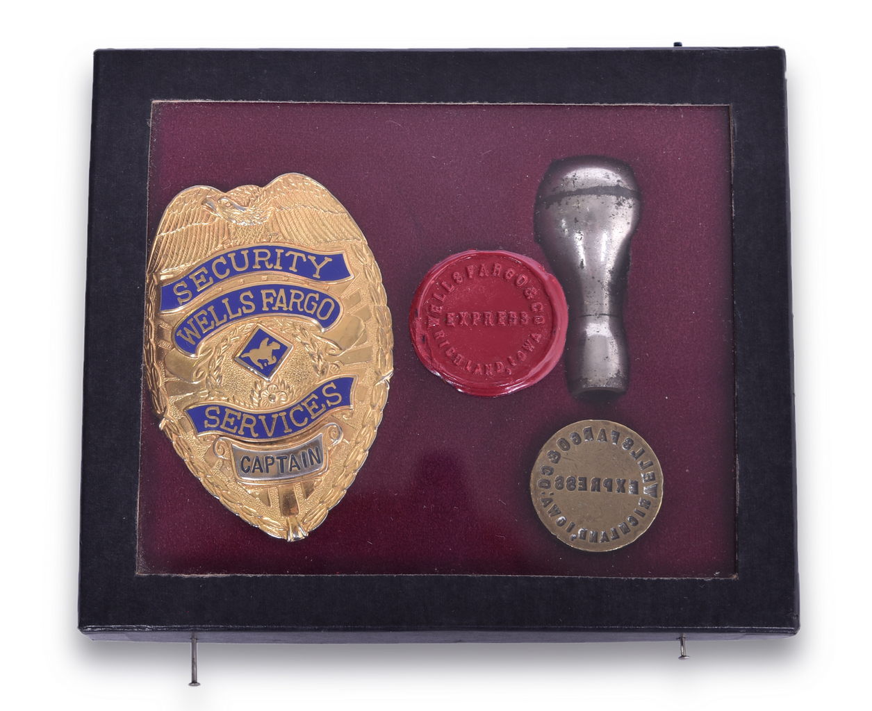 6477 - Wells Fargo & Co. Express Richland Iowa Brass Wax Sealer and Security Captain Badge thumbnail