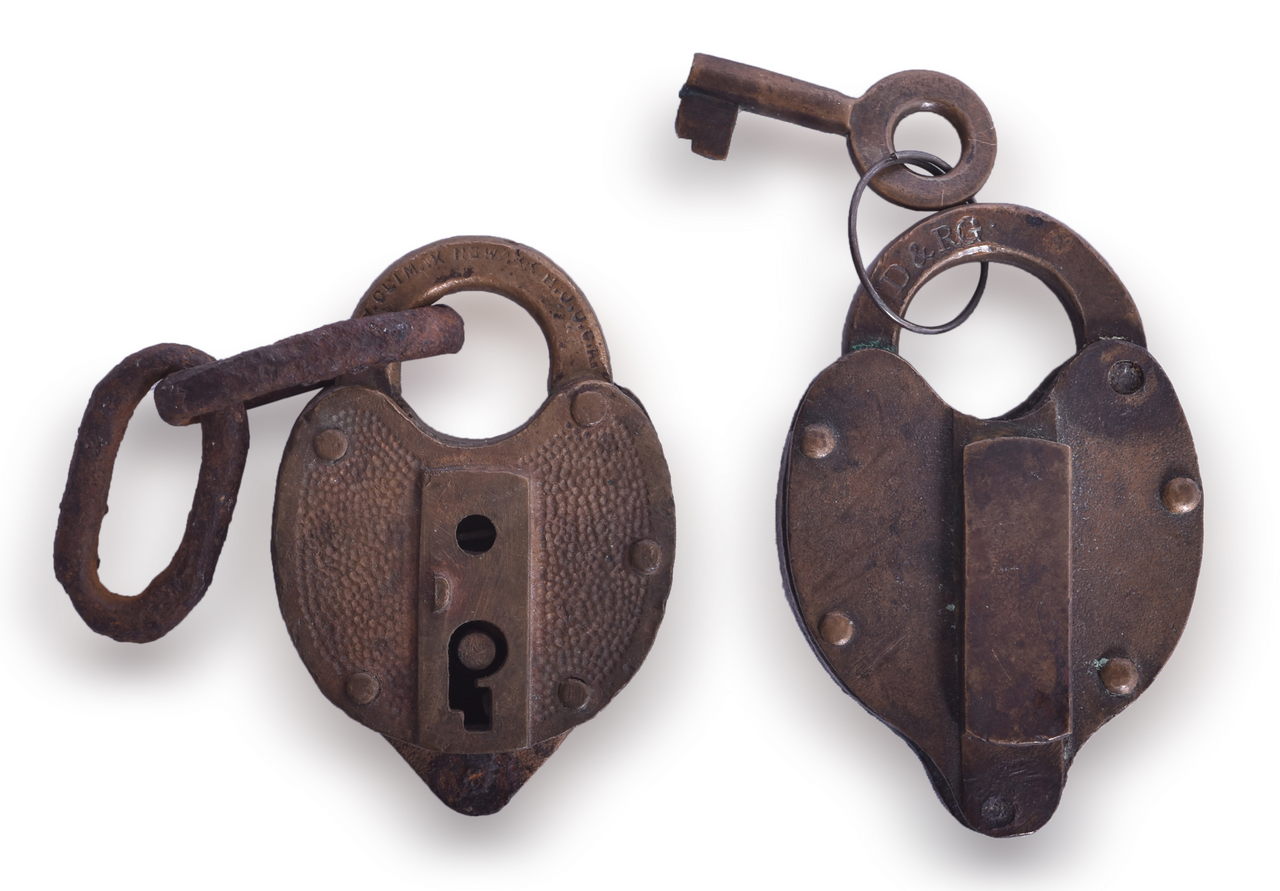 6483 - Pair of Brass Heart Shaped Railroad Locks and Key - Denver & Rio Grande and Western Union Telegraph Co. thumbnail
