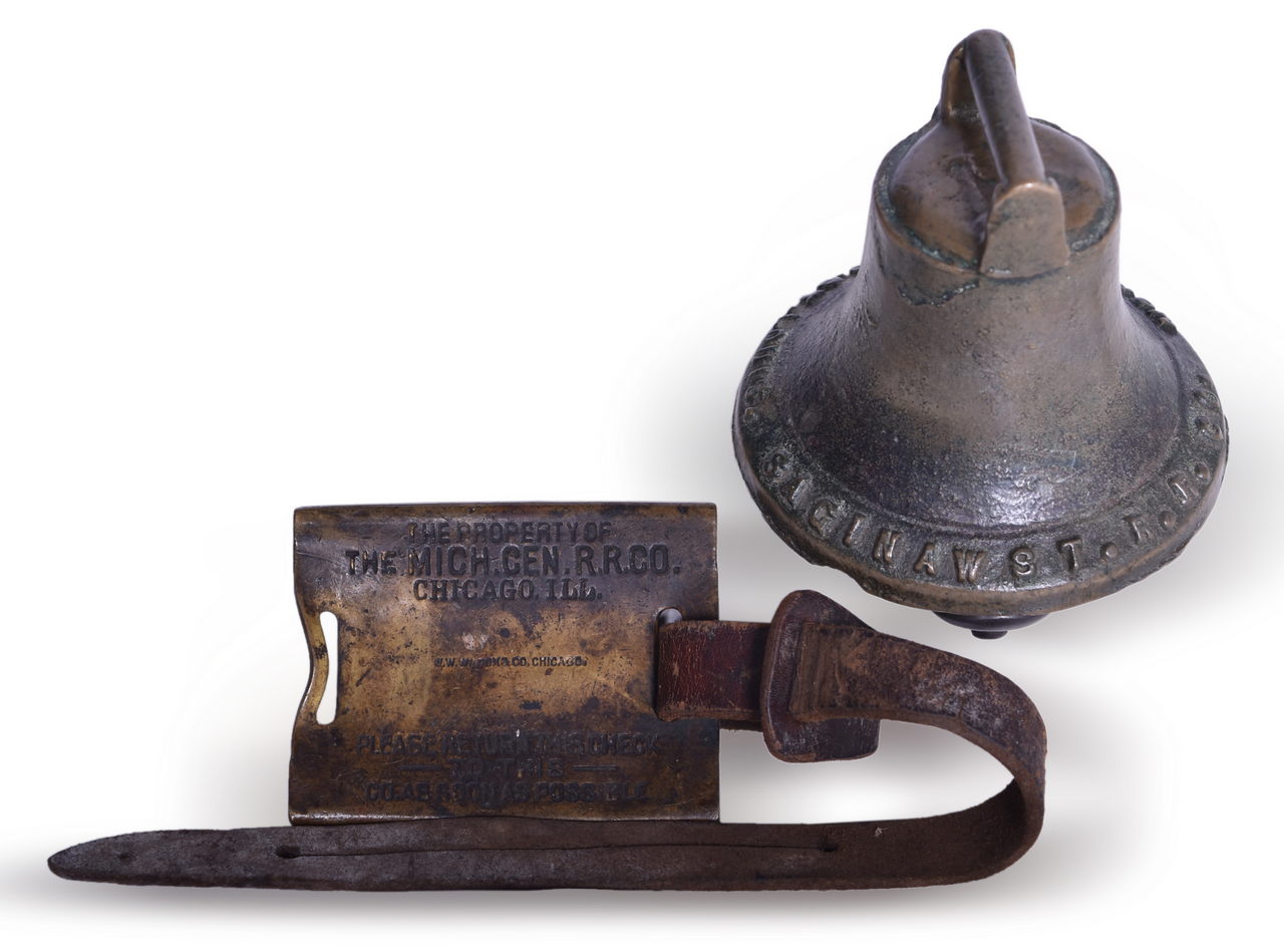 6489 - Michigan Central Railroad Brass Luggage Tag and Saginaw Railroad Bell thumbnail