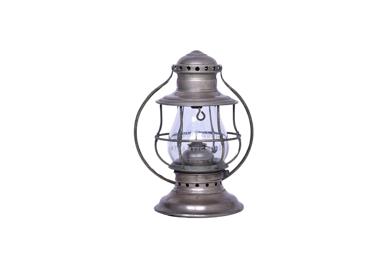6519 - Nickel Plated Bell Bottom Presentation Railroad Lantern w/ Etched Atlantic Mine Globe thumbnail